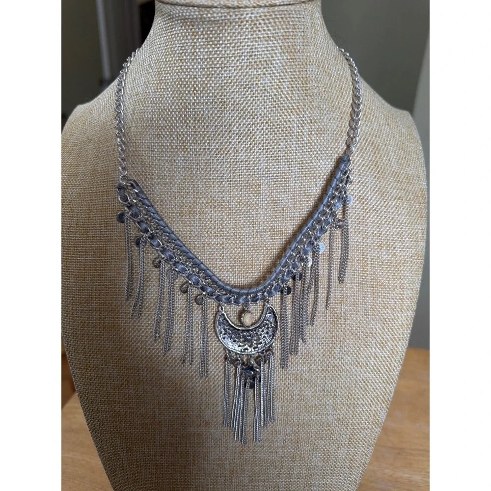 Claires Silver Tone Boho Crescent Moon Fringe Statement Bib Necklace Filigree